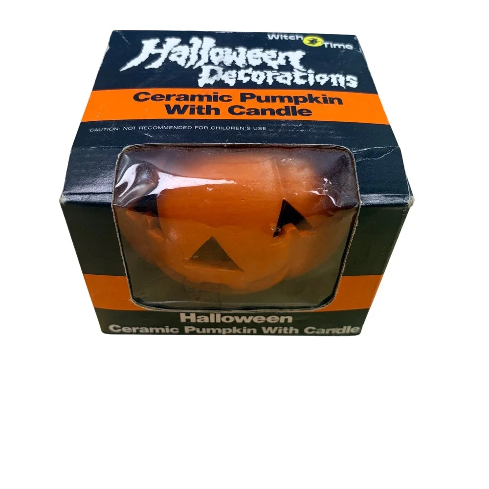 VTG 1989 Witch Time Halloween Pumpkin Candle Ceramic Votive Jack O Lantern NIB